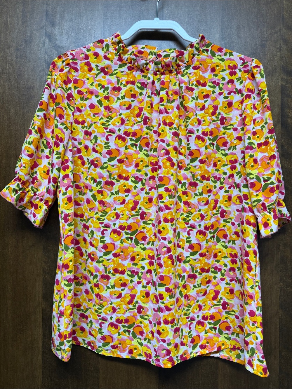 Bright Floral Ruffle-Neck Blouse in Pink & Yellow